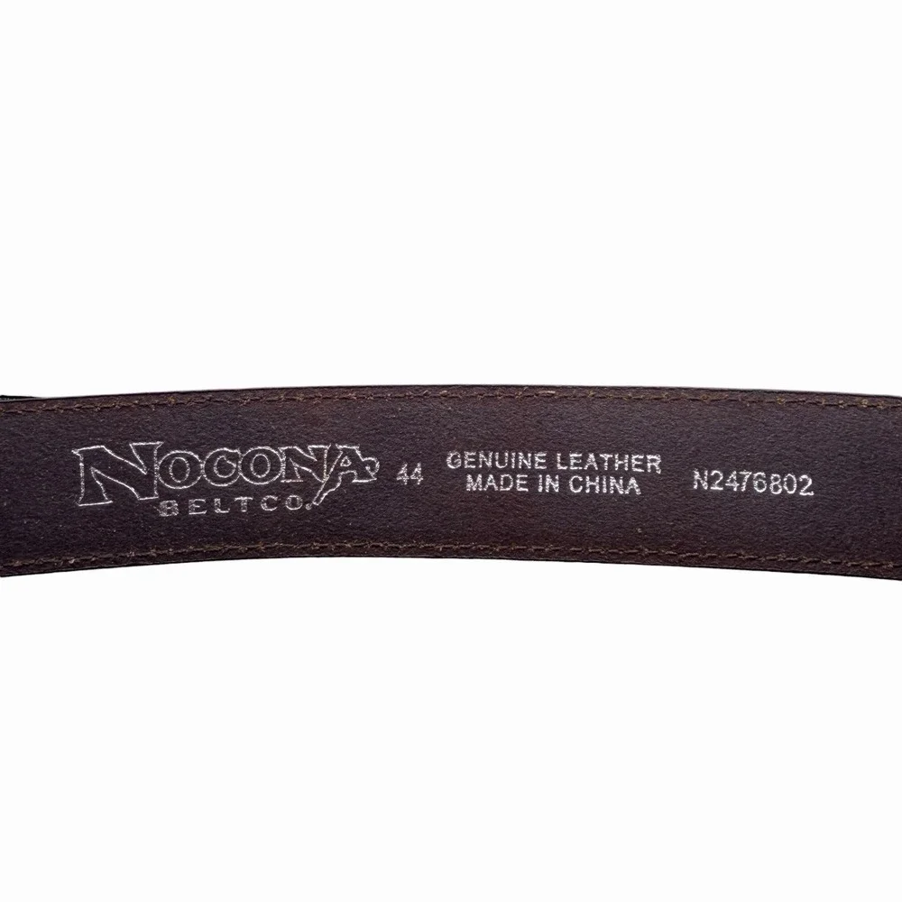 Nocona Belt Brown Tooled Leather Western Size 44 Engraved Silver Buckle Men's